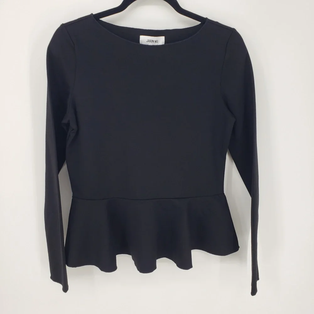 JASON WU Black Long Sleeve Peplum Top Women's Size S Flounce Hem NEW NWT - Picture 3 of 11